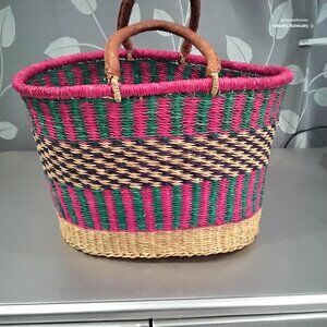 Large Vintage Retro Multi-Color Hand-Woven Open Top Straw Travel Tote Beach Bag